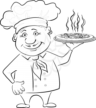 Cartoon cook - chef holds a delicious hot pizza, black contour on white background. Vector