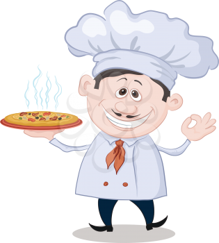 Cartoon cook - chef holds a delicious hot pizza, isolated on white background. Vector