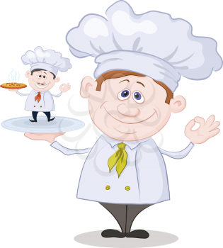 Cartoon cook chef holding a tray with a little chef with pizza isolated on white background. Vector