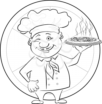 Cartoon cook - chef with delicious hot pizza on a circular background, black contour on white background. Vector illustration