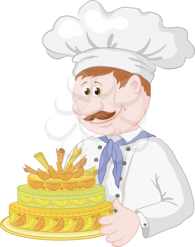 Cartoon cook chef with sweet holiday cake isolated on white background. Vector