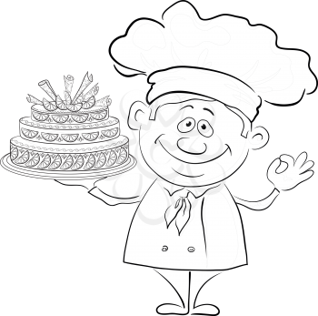 Cartoon cook - chef with sweet holiday cake, black contour on white background. Vector