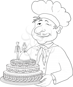 Cartoon cook - chef with holiday wedding cake, pie with bride and groom figurines, contour. Vector