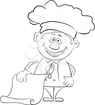 Cartoon cook - chef with a piece of paper, blank for your text, black contour on white background. Vector