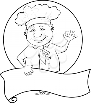 Cartoon Cook Chef with Poster Showing Ok Hand Sign, Black Contour on White Background. Vector