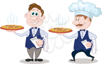 Cartoon waiters deliver a delicious hot pizza to the client, isolated on white background. Vector