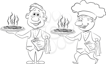 Cartoon waiters deliver a delicious hot pizza to the client, black contour on white background. Vector