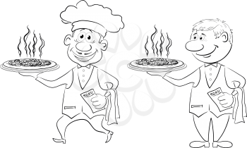 Cartoon waiters deliver a delicious hot pizza to the client, black contour on white background