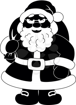 Christmas cartoon: Santa Claus with a bag of gifts, black silhouette on white background. Vector