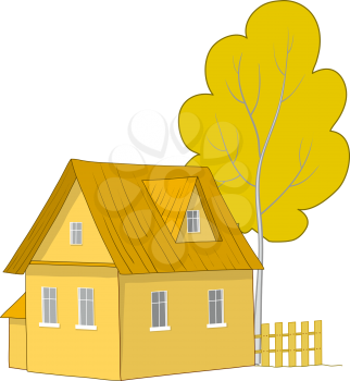 Autumn landscape: cartoon country house with a tree. Vector