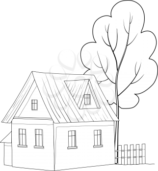 Vector cartoon, landscape: country house with a tree, monochrome contours