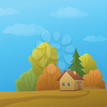 Landscape: cartoon, country house in forest near to trees. Vector