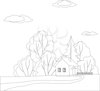 Cartoon landscape, country house in forest near to trees, black contours isolated on white background. Vector