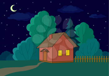 Landscape, country house on night forest. Vector
