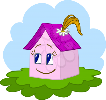 Toy house - girl on a green summer meadow. Vector