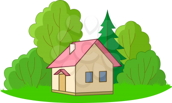 House on forest glade with trees, isolated on white background. Vector