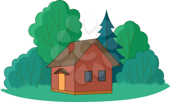 House on forest glade with trees, isolated. Vector
