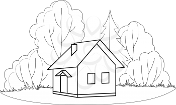 House on forest glade with trees, vector, isolated, contours