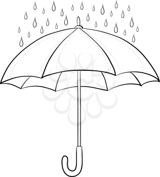 Umbrella and rain drops, monochrome contours on white background. Vector