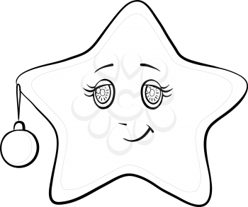 Cartoon, smiley star with holiday Christmas ball and snowflakes, contours, vector