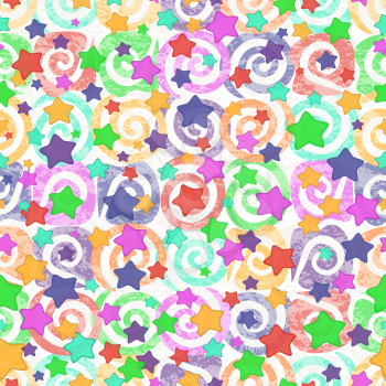 Seamless abstract pattern, colorful stars and spirals on white background. Eps10, contains transparencies. Vector