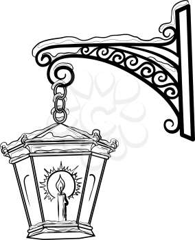 Vintage street lamp glowing in the snow, hanging on a decorative bracket. Contours. Vector