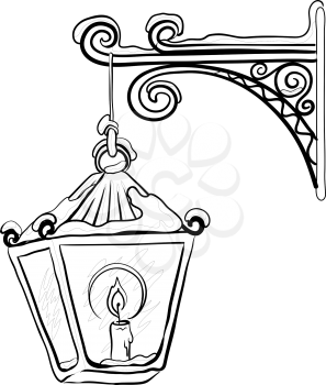 Vintage street lamp glowing in the snow, hanging on a decorative bracket. Contours. Vector