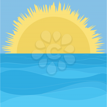 Landscape, blue sea and sky and yellow sun. Vector