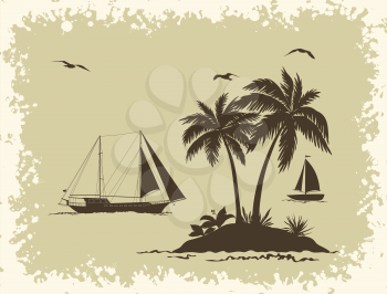 Tropical Sea Landscape, Palm Trees and Flowers, Sailboat Ships and Birds Gulls Black Silhouettes on Background with Frame of Blots. Vector