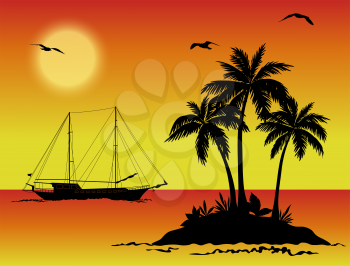 Tropical Sea Landscape, island with Palm Trees, Sailboat Ship, Sun and Birds Gulls Black Silhouettes on Orange and Yellow Background. Eps10, Contains Transparencies. Vector