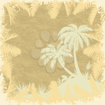 Tropical palms, yucca flowers and frame of leaves silhouettes on a grungy background. Vector
