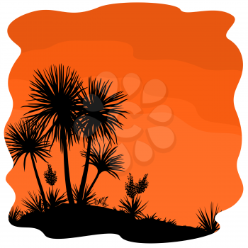 Tropical Palm Trees and Yucca Plants Black Silhouettes on Orange Background. Vector