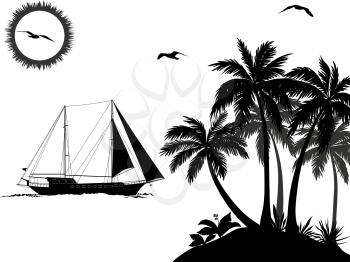 Tropical Sea Landscape, Palm Trees and Flowers, Sailboat Ship, Sun and Birds Gulls Black Silhouettes Isolated on White Background. Vector