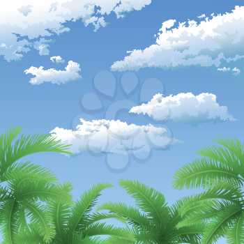 Exotic background, landscape, green palm trees leaves and sky with clouds. Vector