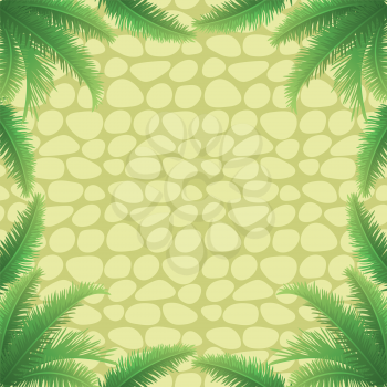 Background, abstract pattern, green palm leaves and stone wall. Vector