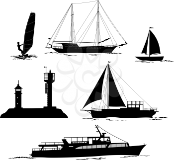 Set of Marine Vehicles and Objects, Ship, Sailboat, Yacht, Surfing Athlete, Lighthouses, Black Silhouettes Isolated on White Background. Eps10, Contains Transparencies. Vector