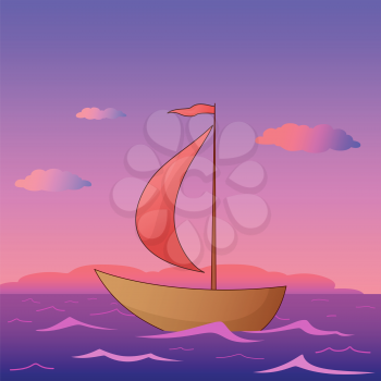 Ship floats in the morning sea under red sails, vector