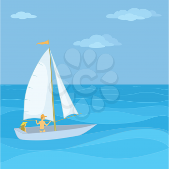 Sailing boat with a man and a woman floating in the blue sea. Vector