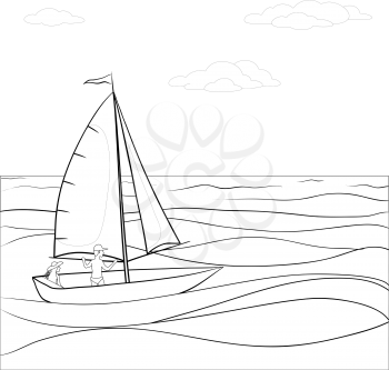 Sailing boat with a man and a woman floating in the sea, contours. Vector