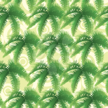 Seamless background, abstract pattern, green branches with leaves of palm trees and circles. Vector