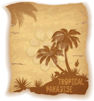 Tropical Landscape, Sea Island with Palm Trees, Flowers and Grass Silhouettes and Inscription on Vintage Background of an Old Sheet of Paper. Eps10, Contains Transparencies. Vector