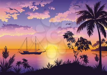 Tropical Landscape, Sunset Sea, Palm Trees and Flowers, Ship and Birds Gulls in the Sky with Clouds. Eps10, Contains Transparencies. Vector