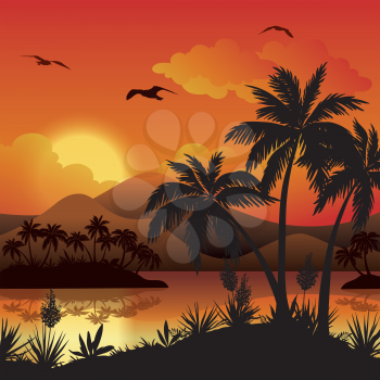 Tropical Landscape, Sea Islands with Palm Trees, Flowers, Mountain, Clouds, Sun and Birds Gulls, Black Silhouettes on Red - Yellow Background. Eps10, Contains Transparencies. Vector