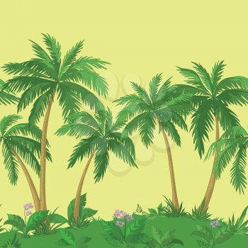 Exotic seamless background, landscape, green palm trees, flowers and yellow sky. Vector