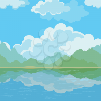 Exotic seamless background, landscape, sea, mountains and cloudy sky. Vector