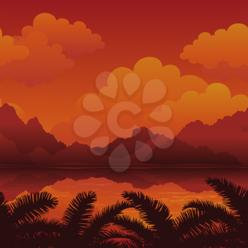 Exotic Horizontal Seamless Landscape, Sea, Palm Tree Leaves Silhouettes, Mountains and Cloudy Sky. Eps10, contains transparencies. Vector