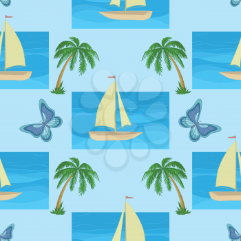 Seamless background with a sailboat at sea, tropical palms and butterflies. Vector