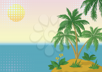Business card, tropical sea island with palm trees and flowers. Vector