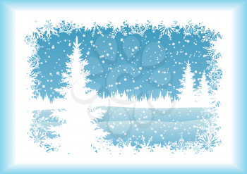 Winter woodland landscape with the Christmas tree and snowflakes, blue silhouettes on white background. Eps10, contains transparencies. Vector
