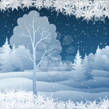 Winter Christmas holiday woodland night landscape with snow covered trees and snowflakes. Eps10, contains transparencies. Vector